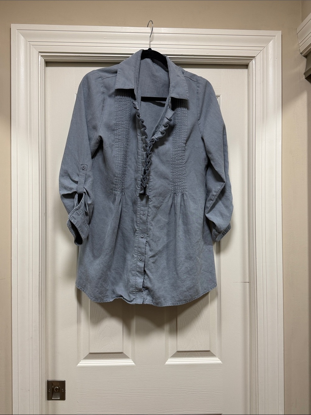 Women’s Ruffle-Front Denim Button-Up